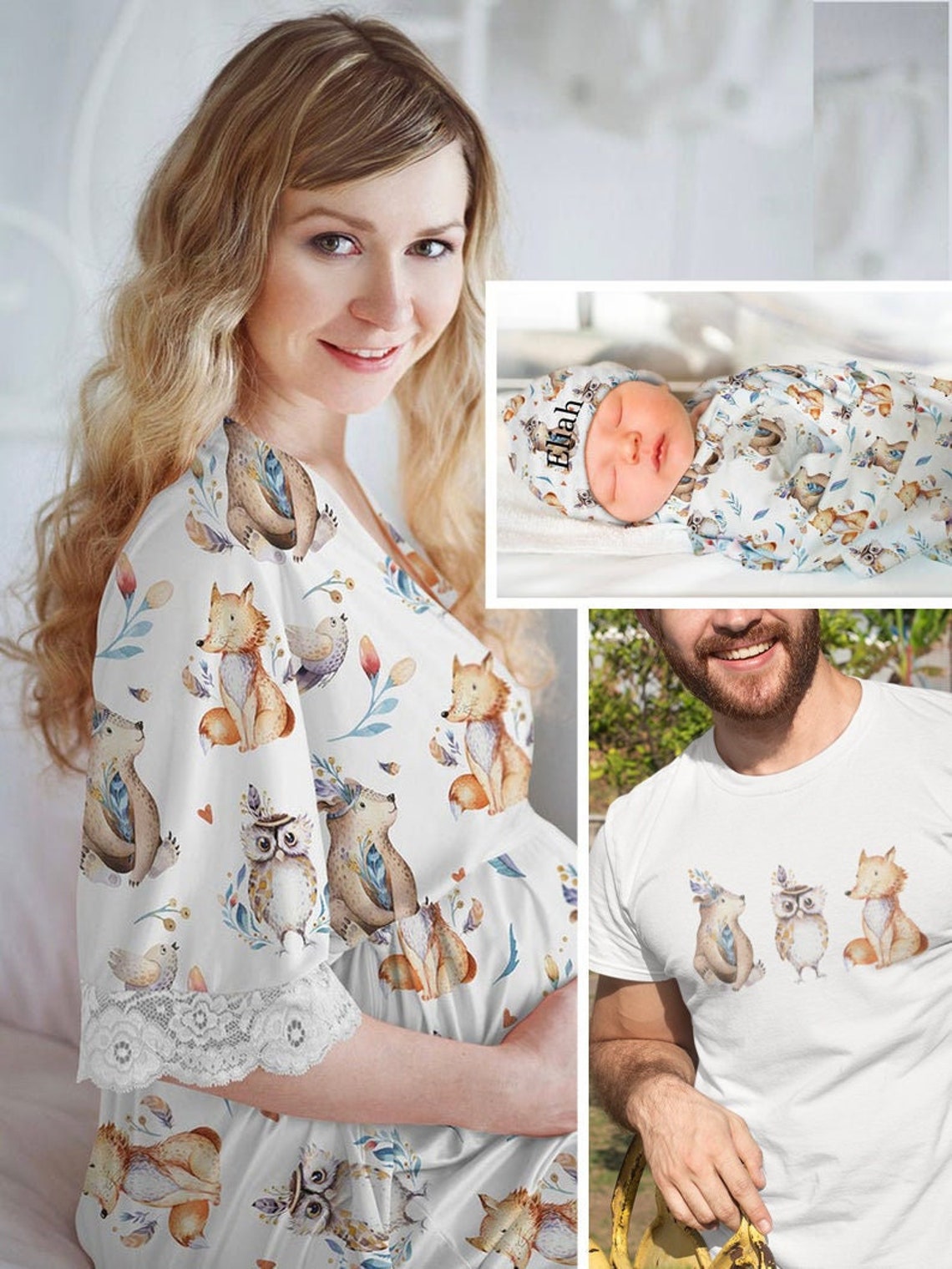 Robe and Swaddle Set. Fox. Owl. Bear. Kimono Robe. Mommy and Etsy