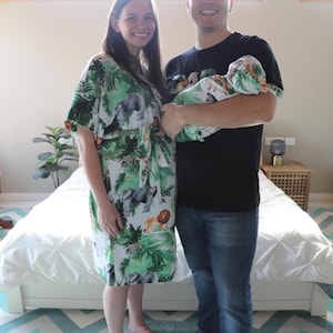 Robe and swaddle set boy Comfy mommy matching hospital outfit Labor Baby swaddle and hat set Dad shirt for hospital Lion Jungle Safari