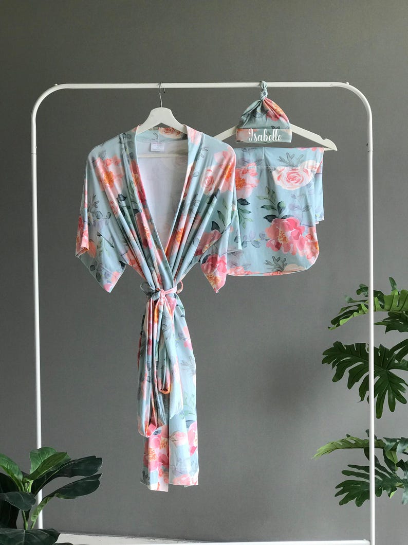 Floral Maternity Robe Set: Blanket, Personalized hat & Dad Shirt image 3