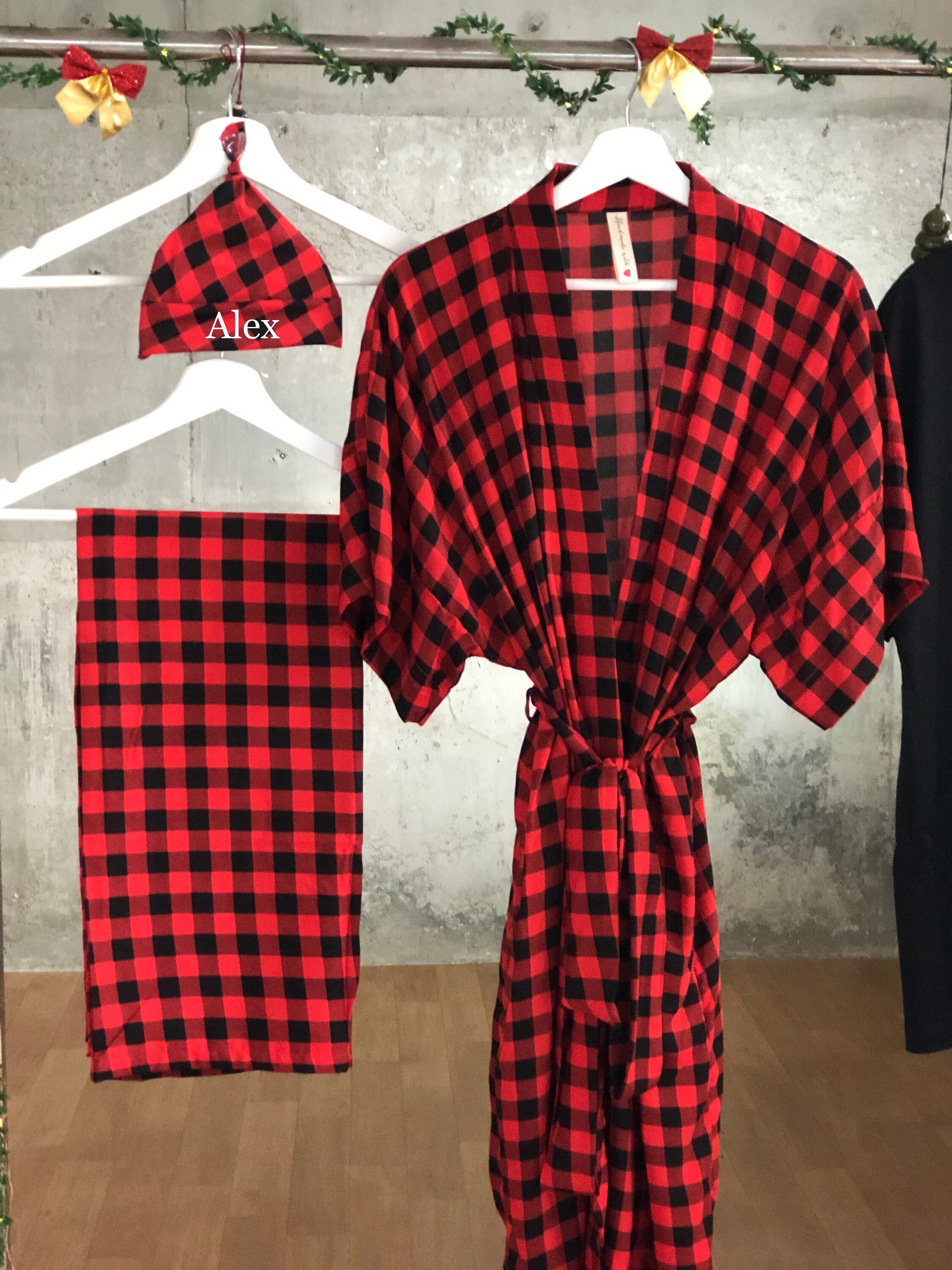 Buffalo plaid robe store and swaddle set