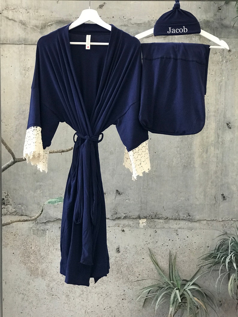 Maternity robe and swaddle set boy. Navy blue. Mommy and me Etsy