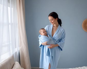 Mommy and me robe and swaddle set boy. Maternity robe and swaddle set. Hospital robe. Matching dad shirt for hospital. Baby shower gift.