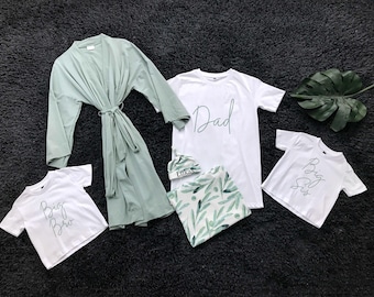 Bijpassende familiepyjama: zwangerschapsgewaad, vadershirt, dekenset