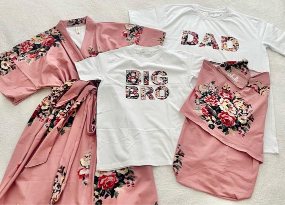 Mommy and me robe and swaddle set girl. Maternity robe and swaddle set. Hospital robe. Matching dad shirt for hospital. Baby shower gift.