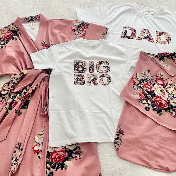 Completo coordinato mamma-bambina con accappatoio e fascia per neonata. Accappatoio e fascia per la gravidanza. Accappatoio per ospedale. Maglietta coordinata per papà per l'ospedale. Regalo per baby shower.