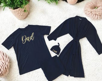 Matching family outfit. Blanket Set: Personalized Hat, Dad Shirt, Maternity Robe