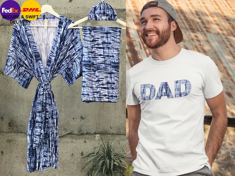 Matching dad t-shirt Maternity robe and swaddle set boy Tie Dye. Mommy and me robe and swaddle set boy