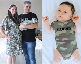 Camo Mom dad baby hospital outfit, Mommy and me maternity robe and swaddle set boy or girl, Labor and delivery gown, Baby shower gift.