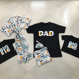 Maternity robe and swaddle set boy. Mommy and me robe and swaddle set boy or girl. Matching Dad shirt. Mommy and me shirts. Dinosaur. Dino.