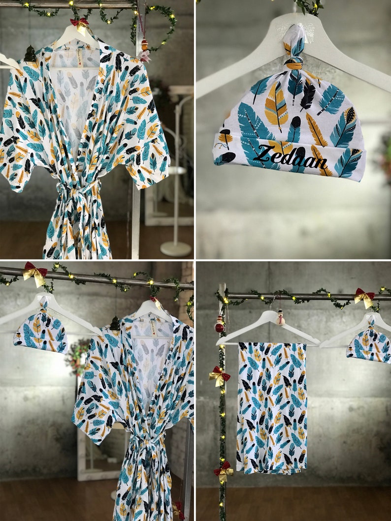 Hospital robe and matching baby swaddle for boy or girl. Mommy and me robe and swaddle set Feathers Maternity robe and swaddle set boy