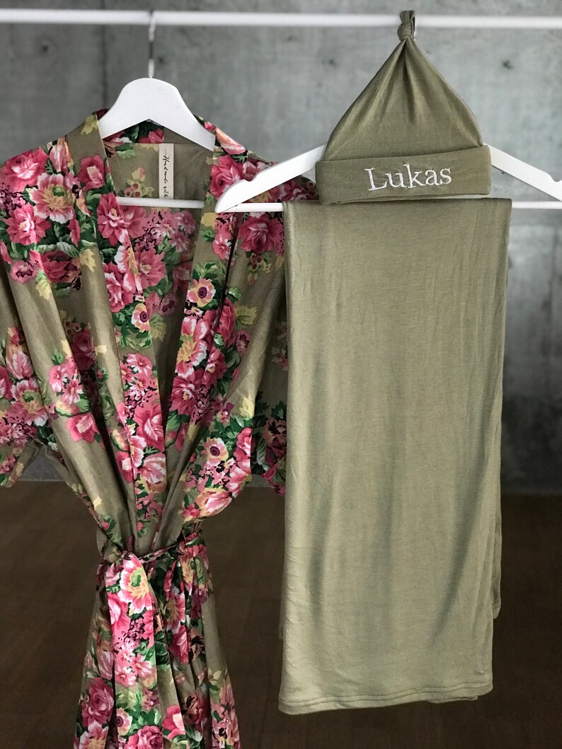 Baby shower gift for mom. Mommy and me Maternity robe Maternity Robe and swaddle set boy Hospital robe and matching baby boy swaddle