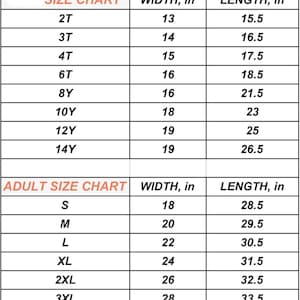 a T-shirt size chart with different age groups and corresponding widths and lengths. The chart provides measurements for both width and length, with the widths listed in inches and the lengths in feet. There may be a slight difference of +/= 0.5 inches in measurements, as indicated in the bottom of the image.