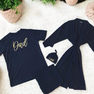 Delivery maternity robe and swaddle set boy/ Personalized hat Baby blanket/ Matching dad shirt/ Baby shower gift/ Family hospital outfits.