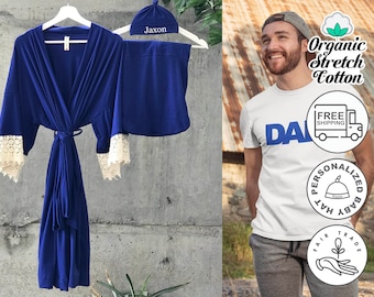 Mommy and me robe and swaddle set. Royal Blue. Maternity robe and swaddle set. Matching dad and family t-shirts.