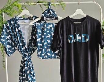 Organic Maternity Robe Swaddle Set: Personalized Hat, Matching Dad Shirt