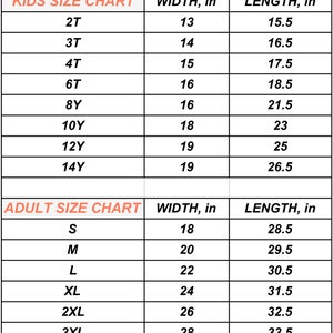 T-shirt size chart showing measurements for width and length in inches. Sizes range from 2T to 14Y and S to 3XL, with slight variations of +/- 0.5 inch in measurements.