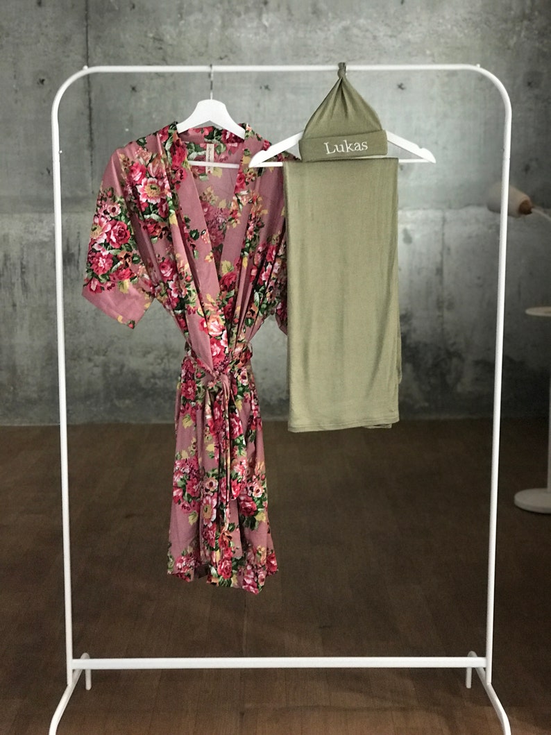 Baby shower gift for mom. Mommy and me Maternity robe Maternity Robe and swaddle set boy Hospital robe and matching baby boy swaddle