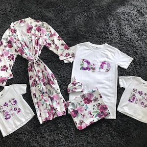 Mommy and me matching robe and swaddle set. Maternity robe. blanket. Mommy and me outfits. Matching dad shirt.