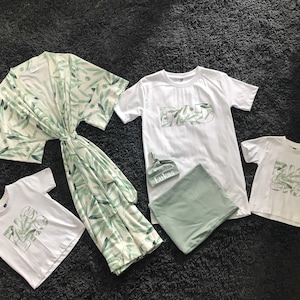 Olive Leaf Family Matching Set – Sage Maternity Robe, Swaddle & Hat, White T-Shirts for Dad, Big Bro, Big Sis – Perfect Baby Shower Gift.