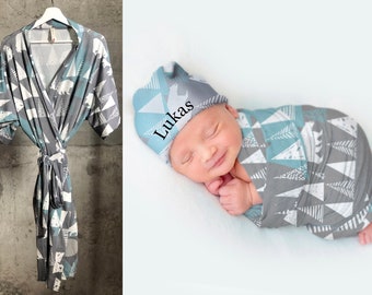 Maternity robe and swaddle set. Kimono robe. Mommy and me swaddle set boy. Baby shower gift. Swaddle blanket. Dad shirt. Mountain. Bear.