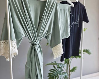 Sage Maternity Robe & Blanket Set, matching dad shirt: Organic Cotton Mommy and Me Outfits