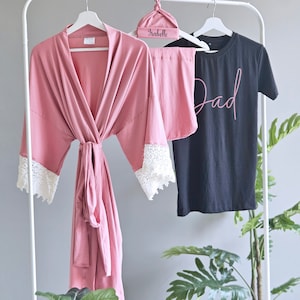 Labor and delivery Mommy and me outfits hospital baby girl with personalized hat & matching dad shirt, Mom maternity robe. Onion pink.
