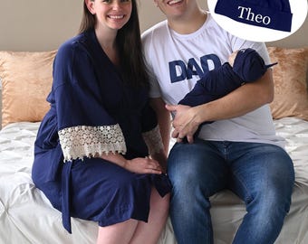 Navy Mommy and Me Robe Swaddle Set: Personalized Baby Hat
