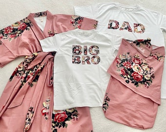 Mommy and me robe and swaddle set girl. Maternity robe and swaddle set. Hospital robe. Matching dad shirt for hospital. Baby shower gift.