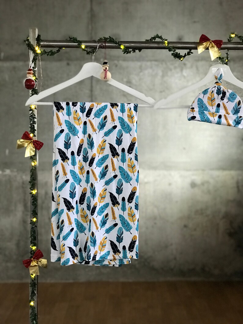 Hospital robe and matching baby swaddle for boy or girl. Mommy and me robe and swaddle set Feathers Maternity robe and swaddle set boy