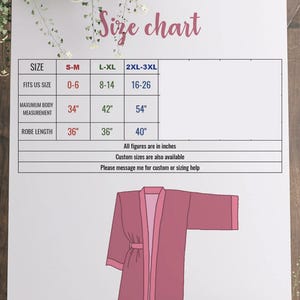 The image is a size chart for a robe, providing measurements and fitting information for different sizes.