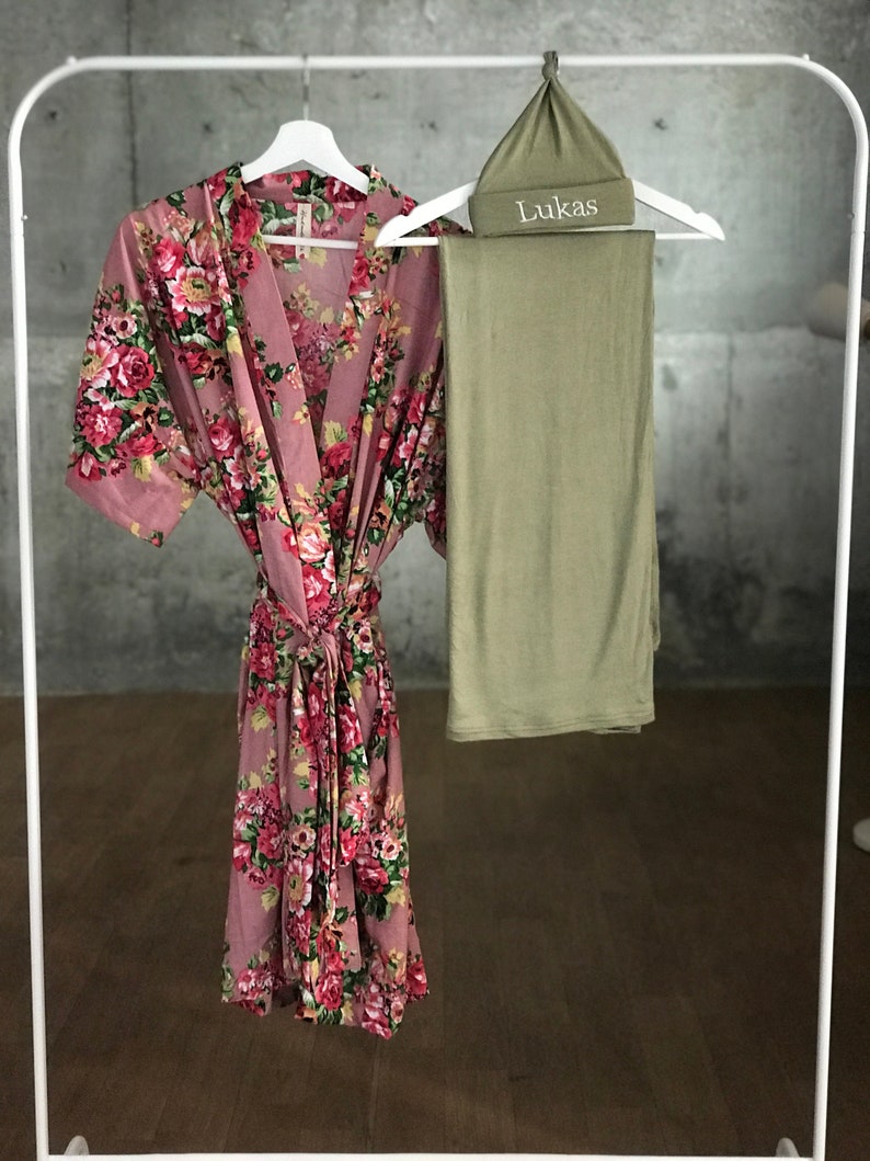Baby shower gift for mom. Mommy and me Maternity robe Maternity Robe and swaddle set boy Hospital robe and matching baby boy swaddle