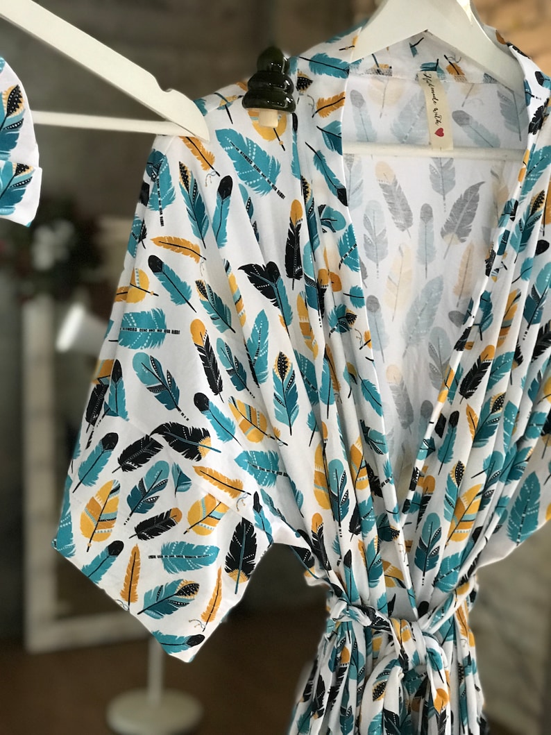 Hospital robe and matching baby swaddle for boy or girl. Mommy and me robe and swaddle set Feathers Maternity robe and swaddle set boy