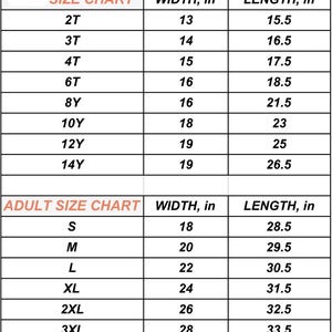 a T-shirt size chart with different age groups and corresponding widths and lengths. The chart provides measurements for both width and length, with the widths listed in inches and the lengths in feet. There may be a slight difference of +/= 0.5 inches in measurements, as indicated in the bottom of the image.