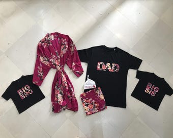 Mommy and me Robe and swaddle set. Dad shirt. Maternity robe for hospital. Hospital robe and matching swaddle.