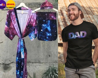 Maternity robe and swaddle set. Mommy and me outfits. Birthing robe. Matching dad and family t-shirts for hospital. Baby shower gift. Galaxy