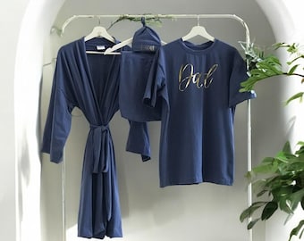 Mid-Blue Maternity Robe & blanket Set: Personalized Hat, Dad Shirt