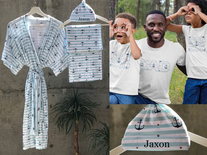 Robe and Swaddle Set Boy. Blue Striped and Anchor Pattern. Etsy