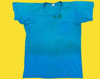 Vintage 1970s Stained Turquoise Pocket T-shirt