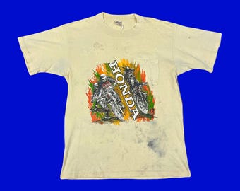 Vintage 1970s Thrashed Hang Ten Honda Motocross Pocket T-shirt