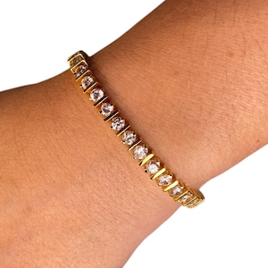 Round CZ Tennis Bracelet Gold Vermeil over 925 Sterling Silver, Cubic Zirconia, Vintage