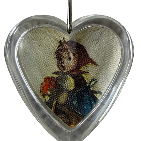 Hummel Heart Necklace Pendant Clear Acrylic Goebel Vintage Art Keychain Accessory 1.5”