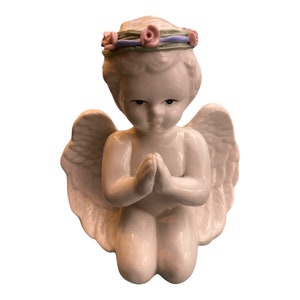 Angel Cherub Praying Kneeling Figurine White Glazed Ceramic Vintage 1992