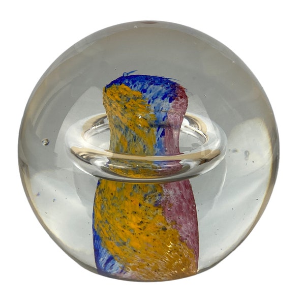 Glass Eye Studio Paperweight Orb Handmade Glass Art Vintage Suspended Ring Clear Blue Orange