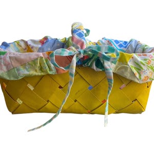 Yellow Woven Basket with Colorful Patchwork Lining Handmade Vintage