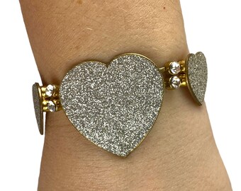 Gold Hearts Rhinestone Silver Glitter Bracelet Adjustable Vintage Funky Jewelry Valentines Valentine
