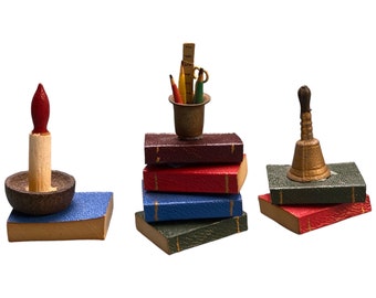 Dollhouse Miniature Book Stack Pencil, Ruler Cup, Bell, Candle Vintage Collectible 7 Books- Lot of 10 items