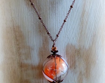 Coral glass dandelion necklace, Orange sphere, Terrarium jewelry, Globe necklace, Gift for women , Gift for her, Boho nature necklace