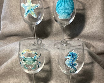 WINE GLASSES, BEACH Ocean decor, Housewarming gift, shower gift, Custom wine glass, Stemmed wine glass, Set of 2, Set of 4, nautical themed