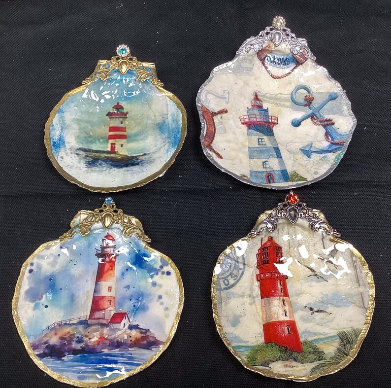 Lighthouse, Scallop Shell, Decoupage, Ocean, Beach, Tiered Tray ...