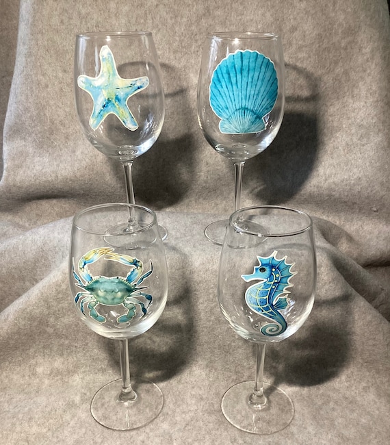 Coastal Wine Glass Set | Beach Themed Glassware | Starfish Seahorse Crab  Shell Glasses | Nautical Drinkware | Ocean Lover Gift - Etsy